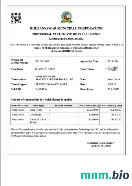 Indie Bhubaneswar tymczasowy certyfikat licencji handlowej Word i PDF szablon